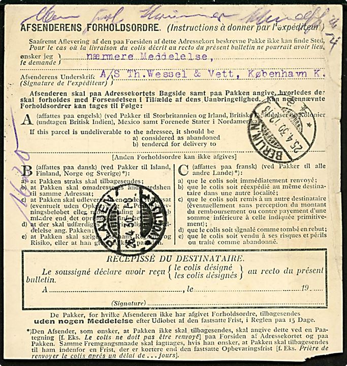40 øre Karavel og 1 kr. Chr. X med perfin WV på internationalt adressekort for pakke fra firma Wessel & Vett i København d. 24.4.1930 via Berlin til Plauen, Tyskland.
