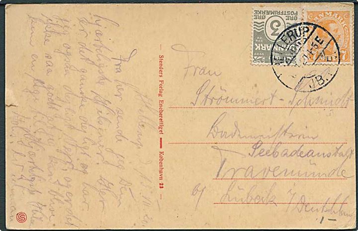 3 øre Bølgelinie og 7 øre Chr. X på brevkort annulleret med bro IIa Hellerup JB.P.E. d. 15.11.1920 til Travemünde, Tyskland. 
