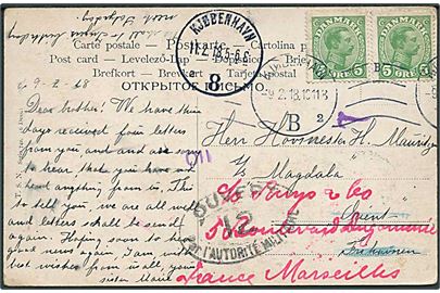 5 øre Chr. X (2) på brevkort fra Kjøbenhavn d. 9.2.1918 til sømand ombord på S/S Magdala via rederiet Orient, København - eftersendt til Marseille, Frankrig. Fransk censur.