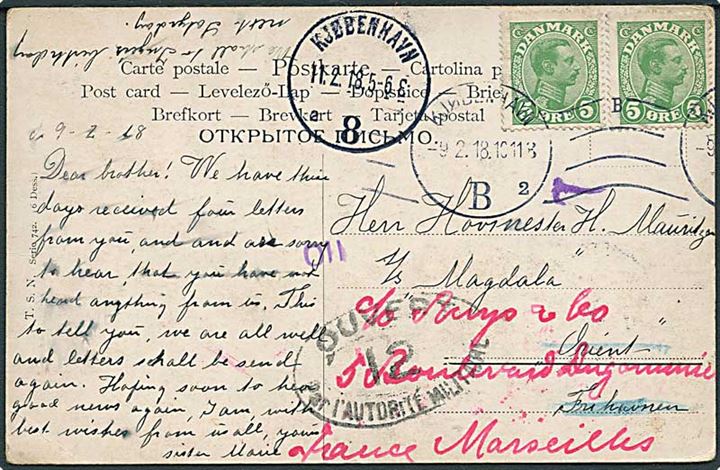 5 øre Chr. X (2) på brevkort fra Kjøbenhavn d. 9.2.1918 til sømand ombord på S/S Magdala via rederiet Orient, København - eftersendt til Marseille, Frankrig. Fransk censur.