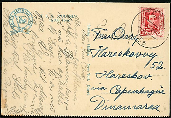 Polonia, S/S, Baltic America Line (Danzig-Halifax-New York). Anvendt under krydstogt og sendt fra Ceuta (spansk enklave i Marokko) d. 1.8.1929.