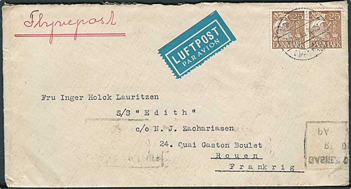 25 øre Karavel i parstykke på luftpostbrev stemplet København Luftpost sn3 d. 30.7.1935 til S/S Edith i Rouen, Frankrig.