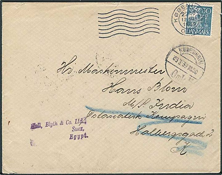 30 øre Karavel single på brev fra København d. 12.3.1939 til sømand ombord på M/S India via ØK i København - eftersendt til Suez, Egypten.