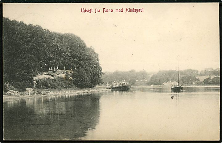 Middelfart, udsigt fra Fænø mod Hindsgavl med dampbåd og sejlskib. Warburgs Kunstforlag no. 1186.