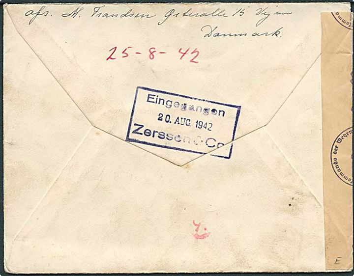 10 øre Bølgelinie i 4-stribe på brev fra Vejen B. d. 7.8.1942 til sømand ombord på M/S Lica Mærsk i Emden, Tyskland - eftersendt til Kiel. Åbnet af tysk censur i Hamburg.