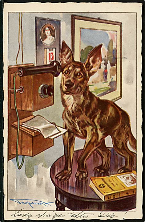 Tropezza (?): Hund taler telefon. Importeret kort No. 894. Anvendt i Danmark 1927.