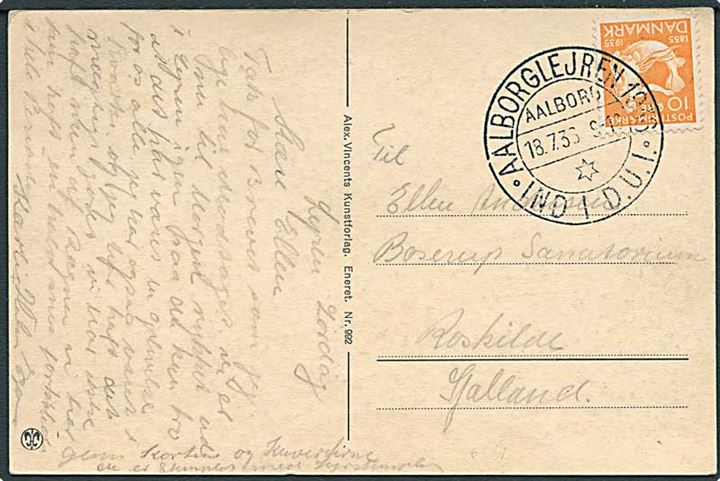 10 øre H.C.Andersen på brevkort annulleret med særstempel Aalborglejren 1936 * Ind i D.U.I. * Aalborg d. 18.7.1936 til Roskilde.