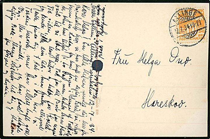 10 øre Bølgelinie på brevkort annulleret med brotype Ic Allinge d. 12.7.1934 til Hareskov.