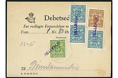 5 øre, 25 øre (3) og 1 kr. Portomærke på Debetseddel - Formular B.57 (3-47 B 7) - annulleret med violet liniestempel HELLERUP.