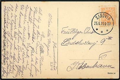 7 øre Chr. X på brevkort dateret Hammershus annulleret med brotype IIIb Sandvig d. 25.6.1919 til København.