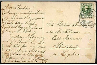 5 øre Fr. VIII på brevkort annulleret med bureaustempel Varde - Nørre-Nebel T.3 d. 13.9.1910 til Skødstrup pr. Løgten. Skramme på adressesiden.