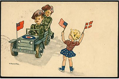 Verner Hancke: Børn leger Befrielsen med britiske soldater. Wilkig & Landsbo u/no. Anvendt 1955.