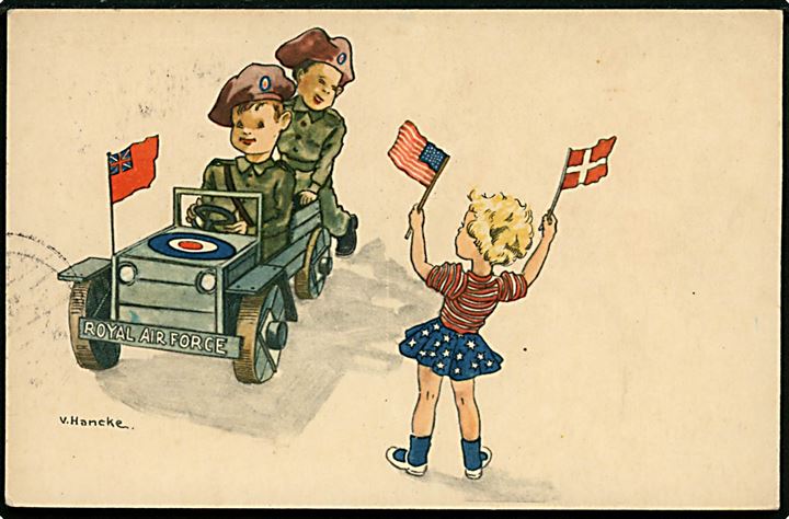 Verner Hancke: Børn leger Befrielsen med britiske soldater. Wilkig & Landsbo u/no. Anvendt 1955.