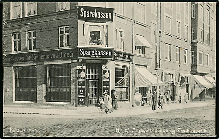 Købh., Amagerbrogade hj. Frankrigsgade med Sparekassen for Kjøbenhavn & Omegn. Th. E. Thorp no. 7680.