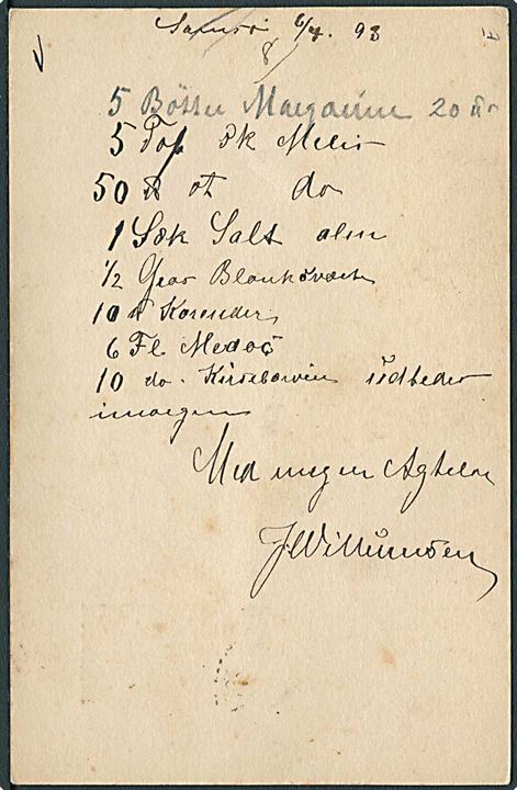 5 øre Våben helsagsbrevkort dateret Samsø d. 6.4.1896 og annulleret med lapidar Aarhus d. 6.4.1893 til Aarhus.