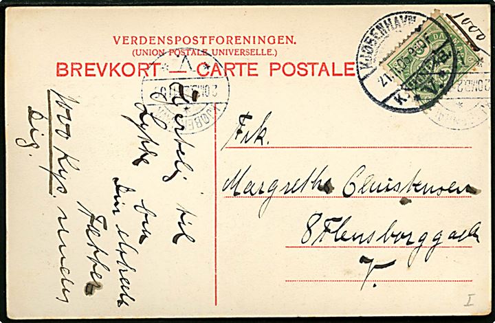 D.V.I., Dansk-Vestindisk Lotteri. Reklamekort med Hovedkontor og trækningssal. Brugt i København 1905.