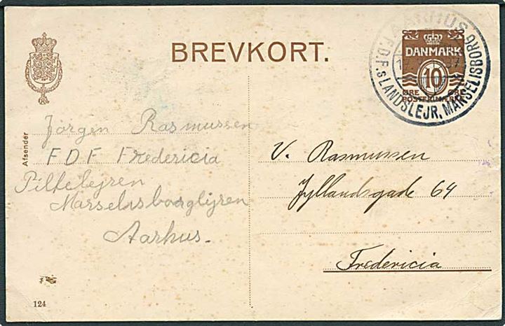 10 øre helsagsbrevkort (fabr. 124) annulleret med særstempel Aarhus F.D.F.s Landslejr. Marselisborg d. 17.7.1937 til Fredericia.