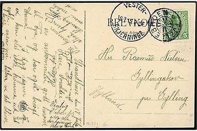 5 øre Chr. X på brevkort annulleret med stjernestempel FJELLEBROEN og sidestemplet Vester-Skjerninge d. 18.7.1915 til Gylling.
