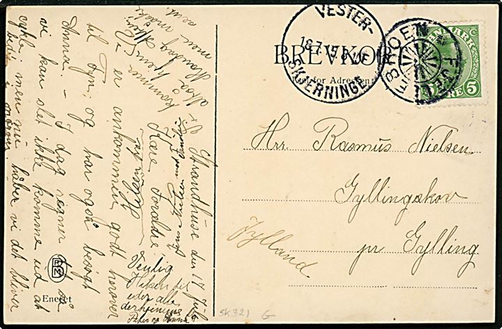 5 øre Chr. X på brevkort annulleret med stjernestempel FJELLEBROEN og sidestemplet Vester-Skjerninge d. 18.7.1915 til Gylling.