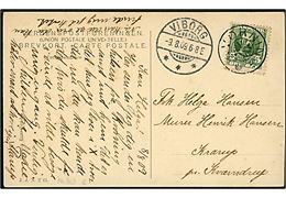 5 øre Fr. VIII på brevkort (Parti fra Kvorning) annulleret med stjernestempel KVORNING og sidestemplet Viborg d. 9.8.1909 til Krarup pr. Kværndrup.