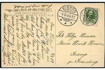 5 øre Fr. VIII på brevkort (Parti fra Kvorning) annulleret med stjernestempel KVORNING og sidestemplet Viborg d. 9.8.1909 til Krarup pr. Kværndrup.