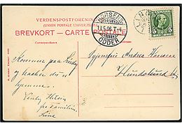 5 øre Chr. IX på brevkort (Hilsen fra Aalstrup med bl.a. jernbanestation) annulleret med stjernestempel FALLING og sidestemplet bureau Horsens - Odder T.4 d. 18.5.1906 til Hundslund.