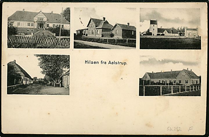 5 øre Chr. IX på brevkort (Hilsen fra Aalstrup med bl.a. jernbanestation) annulleret med stjernestempel FALLING og sidestemplet bureau Horsens - Odder T.4 d. 18.5.1906 til Hundslund.