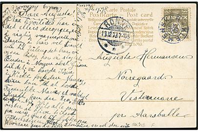 3 øre Bølgelinie på lokalt brevkort annulleret med stjernestempel KLEMENSKER og sidestemplet Rønne d. 13.12.1908 til Vestermarie pr. Aarsballe.