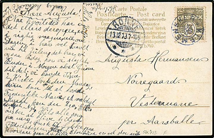3 øre Bølgelinie på lokalt brevkort annulleret med stjernestempel KLEMENSKER og sidestemplet Rønne d. 13.12.1908 til Vestermarie pr. Aarsballe.