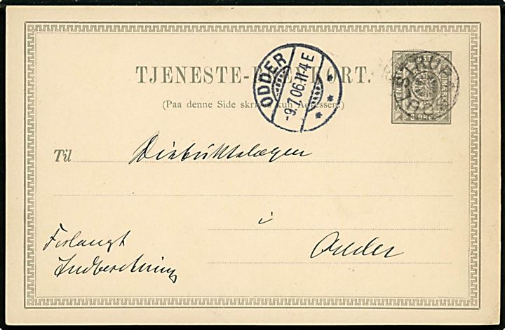 3 øre lokalt tjenestebrevkort mærket Forlangt Indberetning annulleret med stjernestempel BOULSTRUP og sidestemplet Odder d. 9.7.1906 til Distriktslægen i Odder.