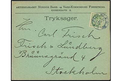 5 øre Våben på tryksag fra København annulleret med svensk bureaustempel PKXP. No. 2 C.INR.U. (= Nässjö-Malmö) d. 31.10.1902 til Stockholm, Sverige.