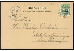 5 øre Våben på brevkort fra København annulleret med svensk sejlende bureaustempel Malmö - Köpenh. d. 29.4.1902 til Norrköping, Sverige.