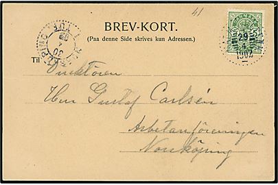 5 øre Våben på brevkort fra København annulleret med svensk sejlende bureaustempel Malmö - Köpenh. d. 29.4.1902 til Norrköping, Sverige.
