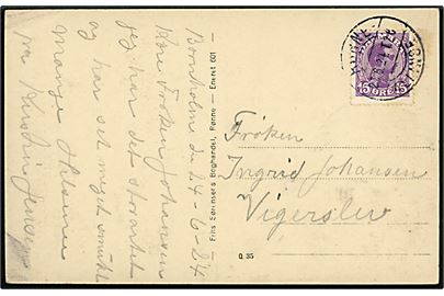 15 øre Chr. X på brevkort annulleret med bureaustempel Rønne - Allinge T.20 (?) d. 25.6.1924 til Vigerslev.