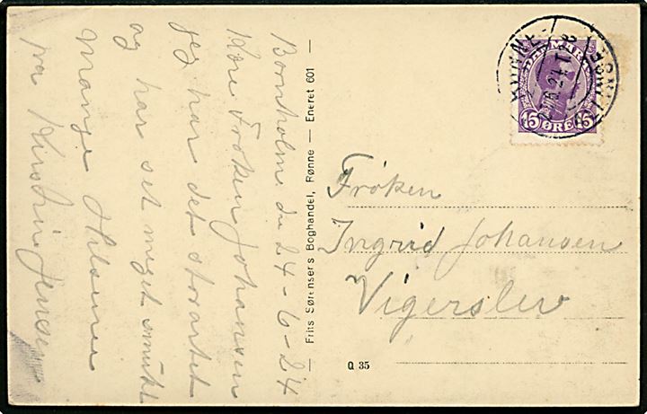 15 øre Chr. X på brevkort annulleret med bureaustempel Rønne - Allinge T.20 (?) d. 25.6.1924 til Vigerslev.