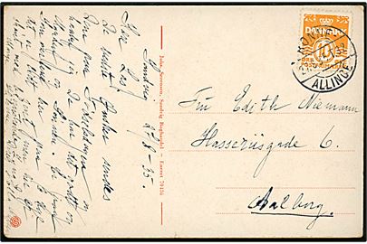 10 øre Bølgelinie på brevkort fra Sandvig annulleret med bureaustempel Rønne - Allinge T.32 d. 27.8.1935 til Aalborg.
