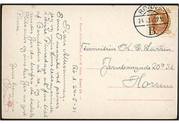 10 øre Chr. X 60 år på brevkort fra Rø annulleret med brotype Vd Rønne B. d. 24.5.1931 til Horsens.