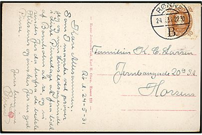 10 øre Chr. X 60 år på brevkort fra Rø annulleret med brotype Vd Rønne B. d. 24.5.1931 til Horsens.