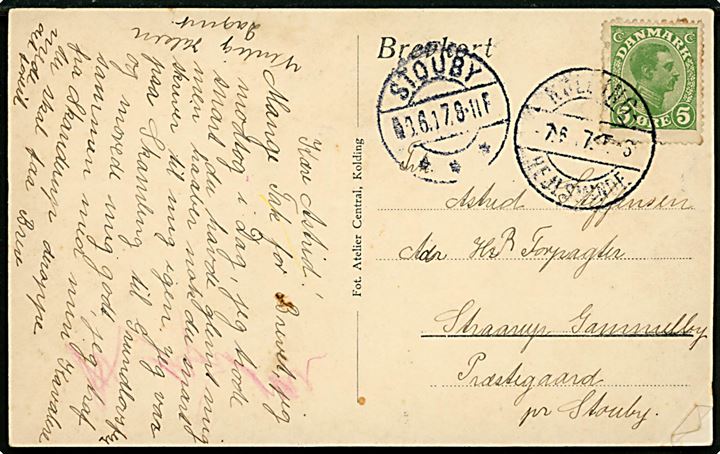 5 øre Chr. X på brevkort annulleret med bureaustempel Kolding - Hejlsminde T.6 d. 7.6.1917 til Stouby.