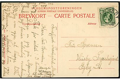 5 øre Chr. IX på brevkort (Fanefjord skov fra søsiden) annulleret med sent anvendt lapidarstempel Askeby d. 8.9.190? til Ejby.