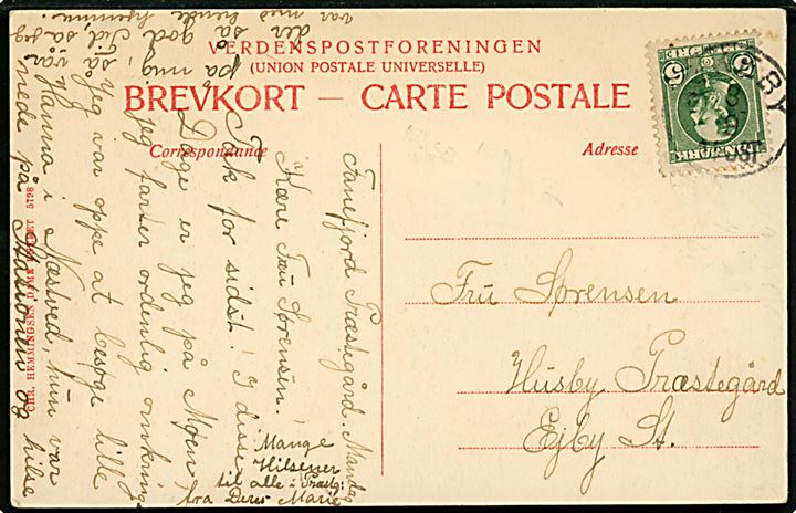 5 øre Chr. IX på brevkort (Fanefjord skov fra søsiden) annulleret med sent anvendt lapidarstempel Askeby d. 8.9.190? til Ejby.