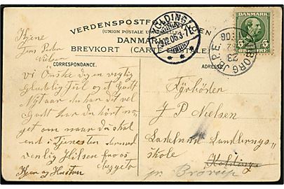 5 øre Chr. IX på brevkort annulleret med lapidar Viborg JB.P.E. d. 23.12.1906 til Ladelund Landbrugsskole pr. Kolding - rettet til pr. Brørup.