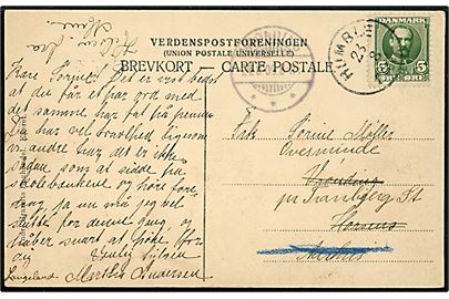 5 øre Fr. VIII på brevkort annulleret med lapidar Humble d. 23.8.1909 til Horsens - eftersendt til Tranebjerg.