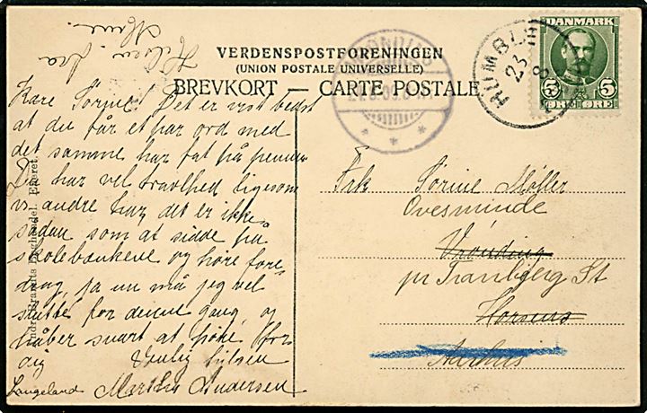 5 øre Fr. VIII på brevkort annulleret med lapidar Humble d. 23.8.1909 til Horsens - eftersendt til Tranebjerg.