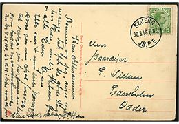 5 øre Chr. X på brevkort annulleret med brotype IIIb Skjern JB.P.E. d. 30.8.1918 til Odder.