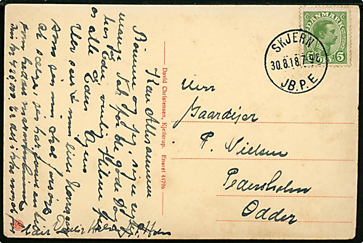 5 øre Chr. X på brevkort annulleret med brotype IIIb Skjern JB.P.E. d. 30.8.1918 til Odder.