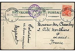 10 øre Chr. X på brevkort fra Kjøbenhavn d. 30.7.1914 til Paris, Frankrig. Sendt umiddelbart inden 1. verdenskrigs udbrud og ank.stemplet i Paris d. 1.8.1914.
