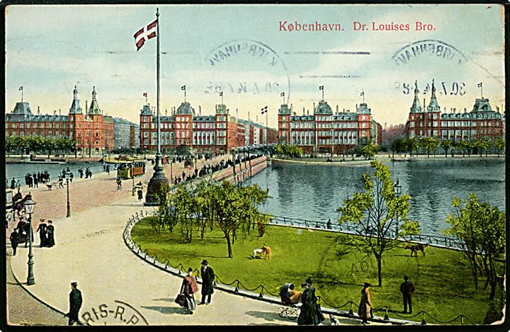 10 øre Chr. X på brevkort fra Kjøbenhavn d. 30.7.1914 til Paris, Frankrig. Sendt umiddelbart inden 1. verdenskrigs udbrud og ank.stemplet i Paris d. 1.8.1914.