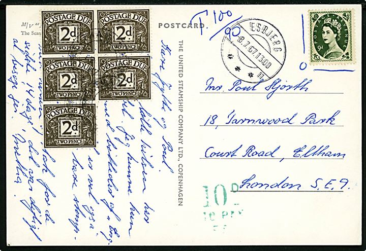 Britisk 9d Elizabeth markeret ugyldig på brevkort (M/S England) og sidestemplet Esbjerg d. 8.7.1967 til London, England. Porto stempel og påsat britisk 2d Portomærke (5) stemplet i London.
