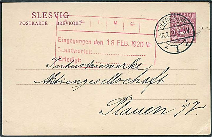 15 pfg. Fælles udg. helsagsbrevkort fra Flensburg d. 16.2.1920 til Plauen. 